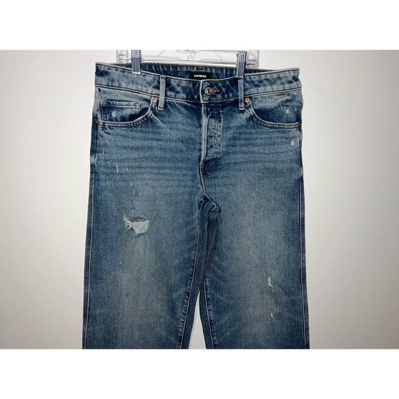 Express women’s distressed relaxed straight low rise button zipper blue jeans - Picture 2 of 9